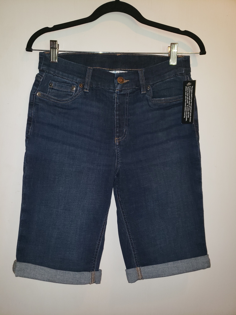 Dark Wash Denim Bermuda Shorts - Pull On Rolled Hem